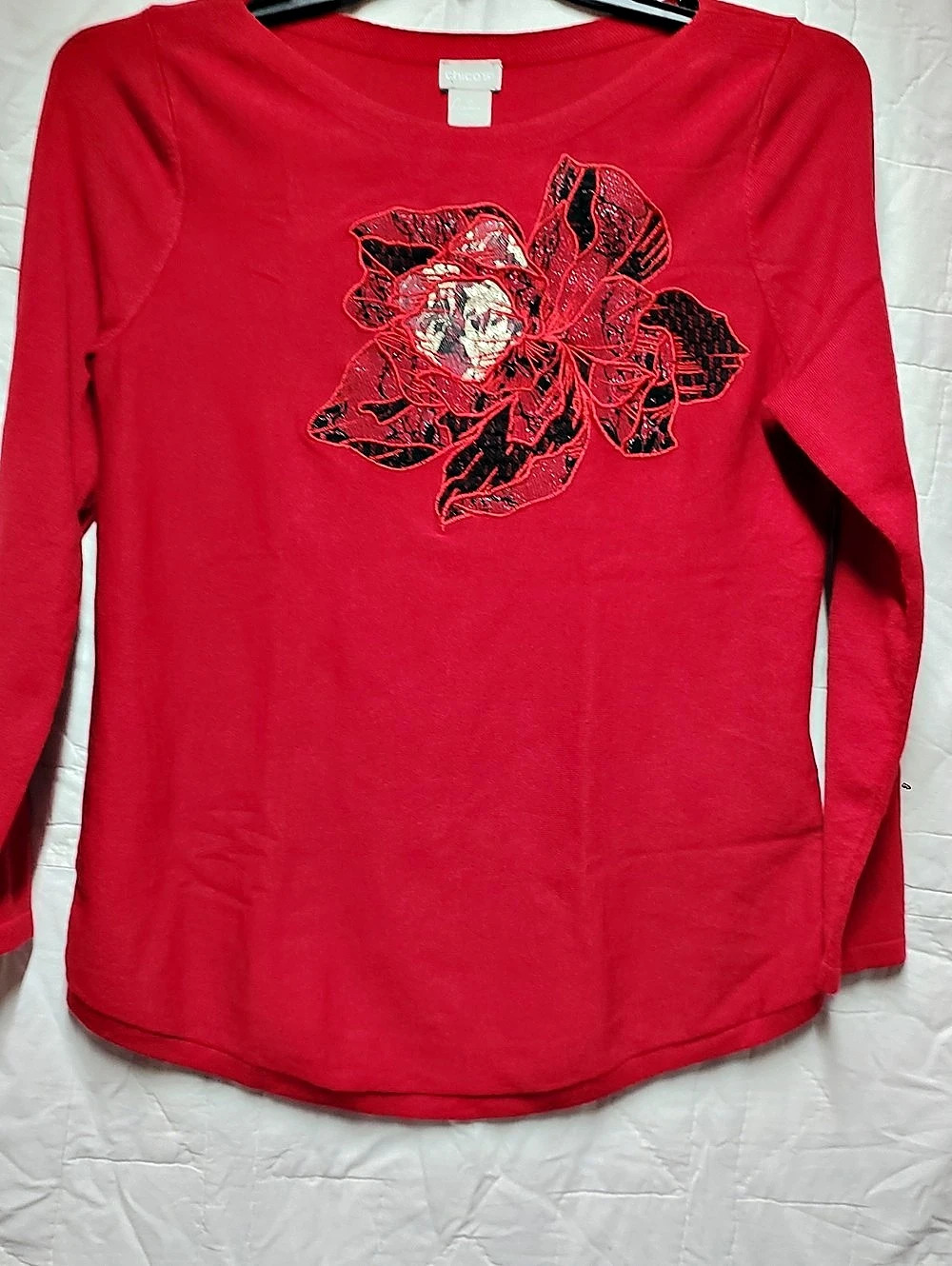 Chico's Women's Embellished Floral Long Sleeve Top Size Small
